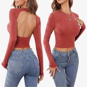 Open Back Long Sleeve Top in Rust